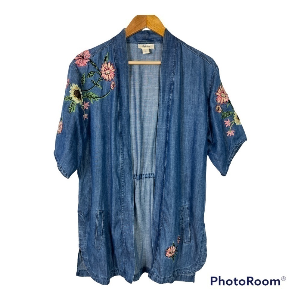 Style & Co Floral Embroidered  Chambray Kimono Sz M